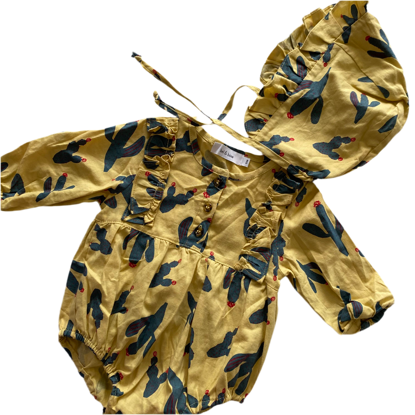 Bel&Bow Romper & Bonnet - Size 12M