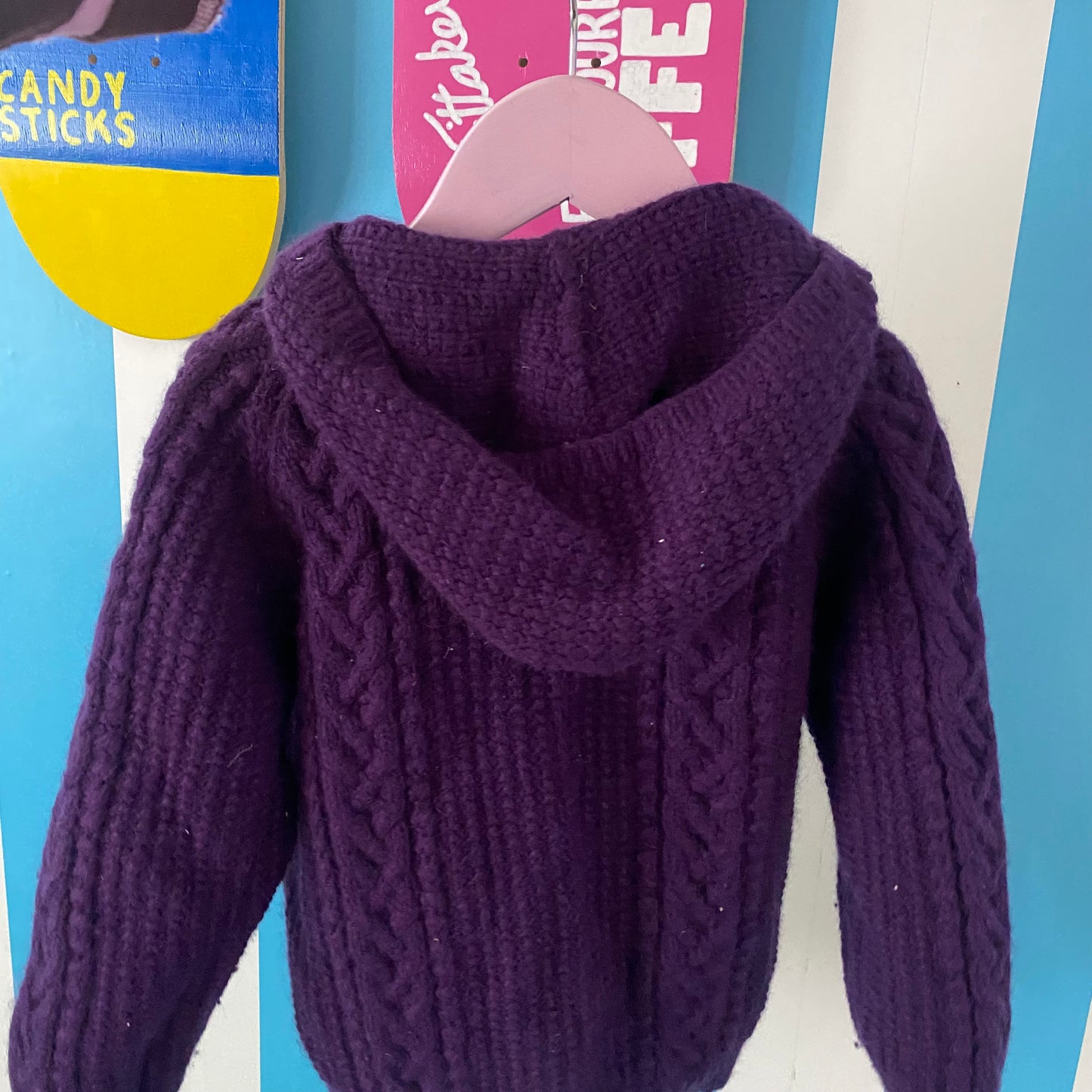 Handmade Purple Cable Knit Hooded Cardigan - Size 4