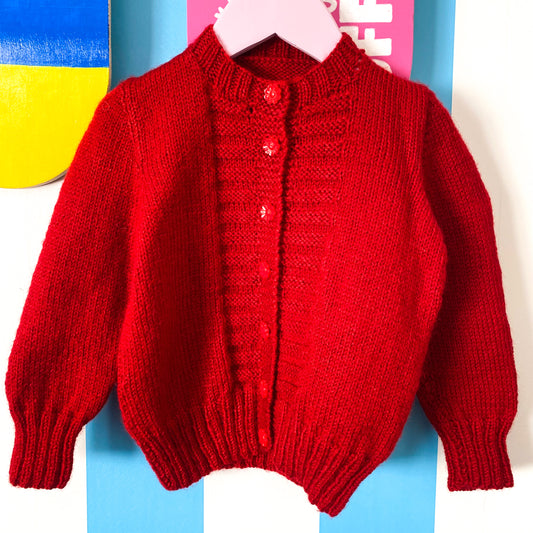 Handmade Red Knit Cardigan - Size 3-5Y