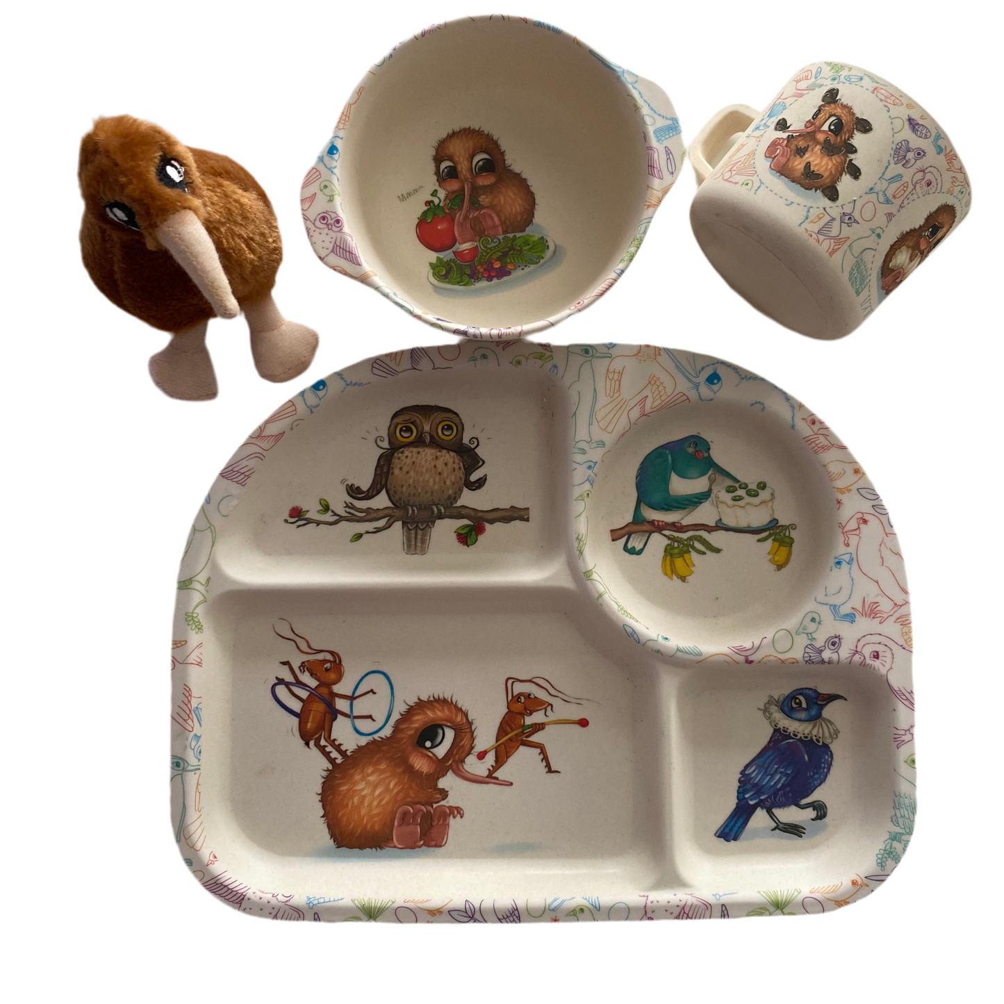Kuwi The Kiwi Melamine Dinnerware Set & Plush