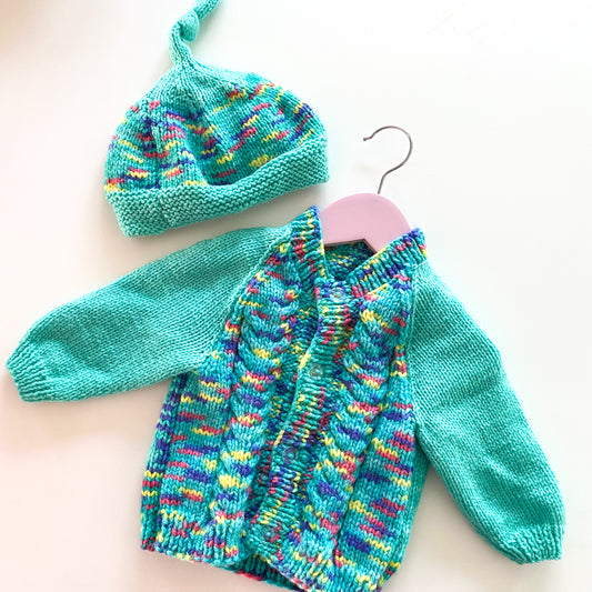 Handmade Knit Cardigan & Beanie - Size 0-6M