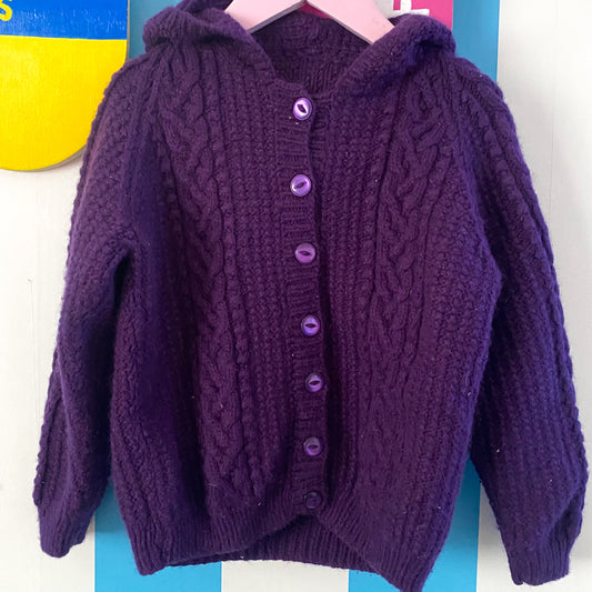 Handmade Purple Cable Knit Hooded Cardigan - Size 4